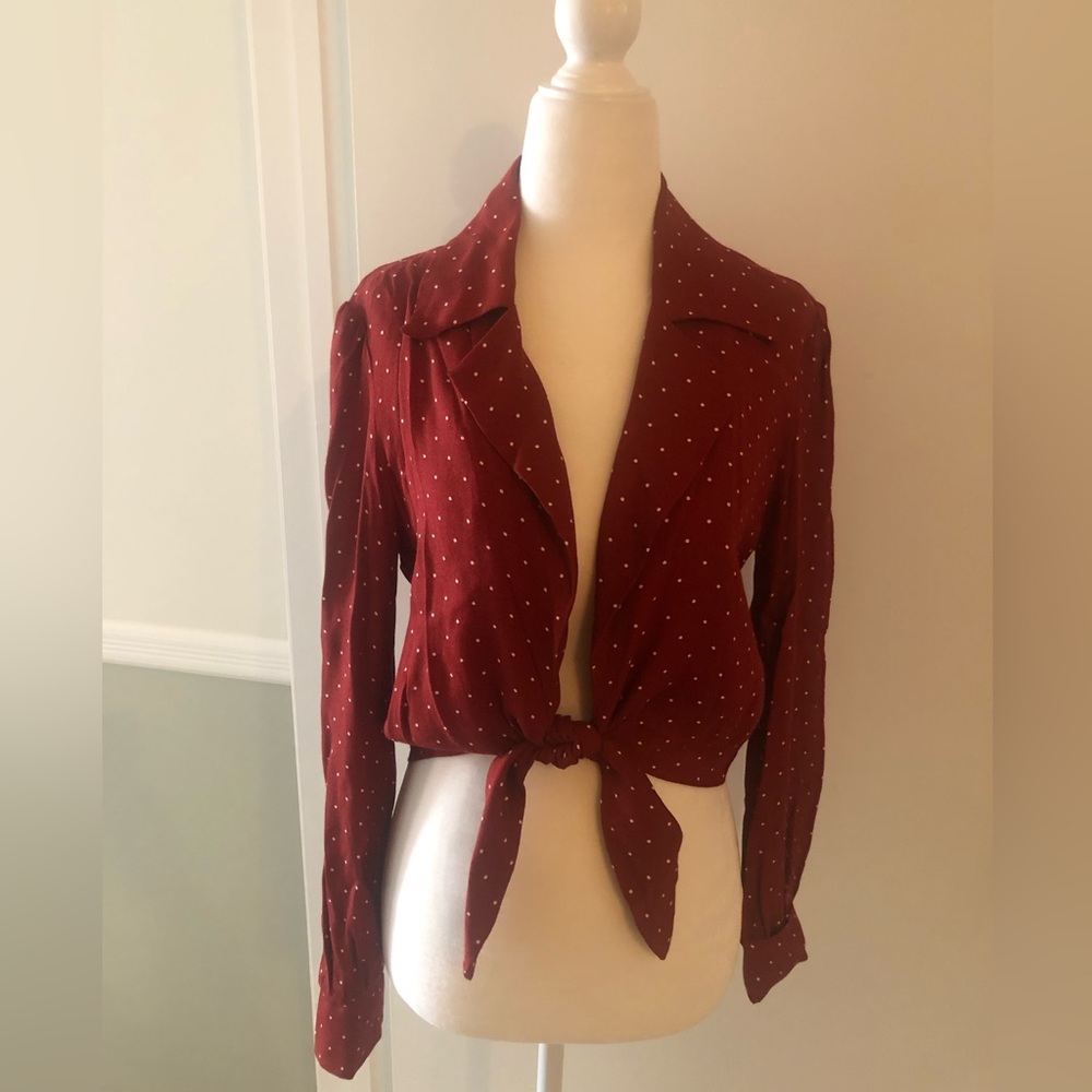 Reformation Tie Front Red Polka Dot Blouse